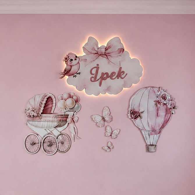 Kişiye Özel İsimli Bulut Balon Bebek Arabası 6lı Set, Kelebekler DAHİL, Led Işıklı Bebek Odası Ahşap Duvar Dekoru-İsim için Whatsapptan mesaj Atınız- - Gece Lambası