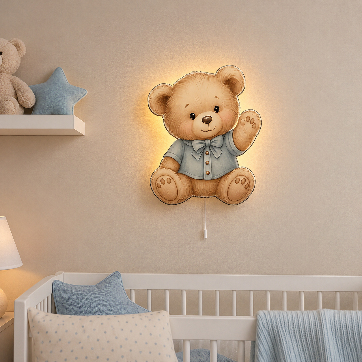 Erkek Ayıcık Gece Lambası - LED Işıklı Duvar Lambası, Pilli, 40 cm