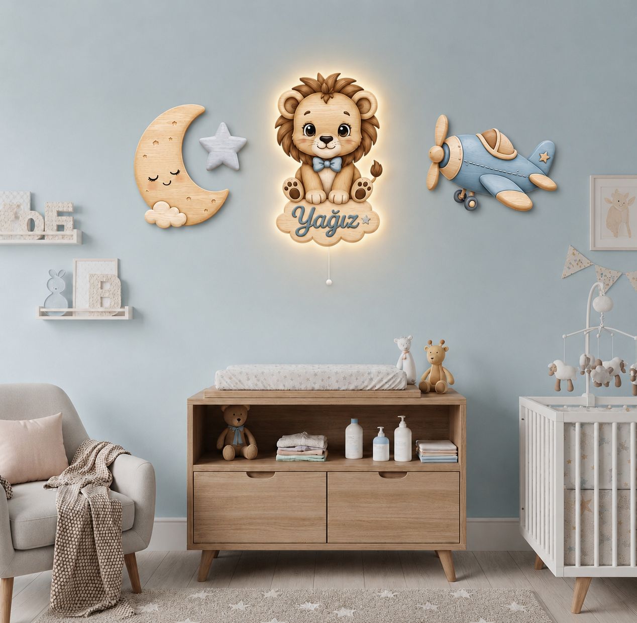 Kişiye Özel İsimli Aslan Ay Uçak Ay Yıldız 4lü Set  Led Işıklı Bebek Odası Ahşap Duvar Dekoru-İsim için Whatsapptan mesaj Atınız- - Gece Lambası