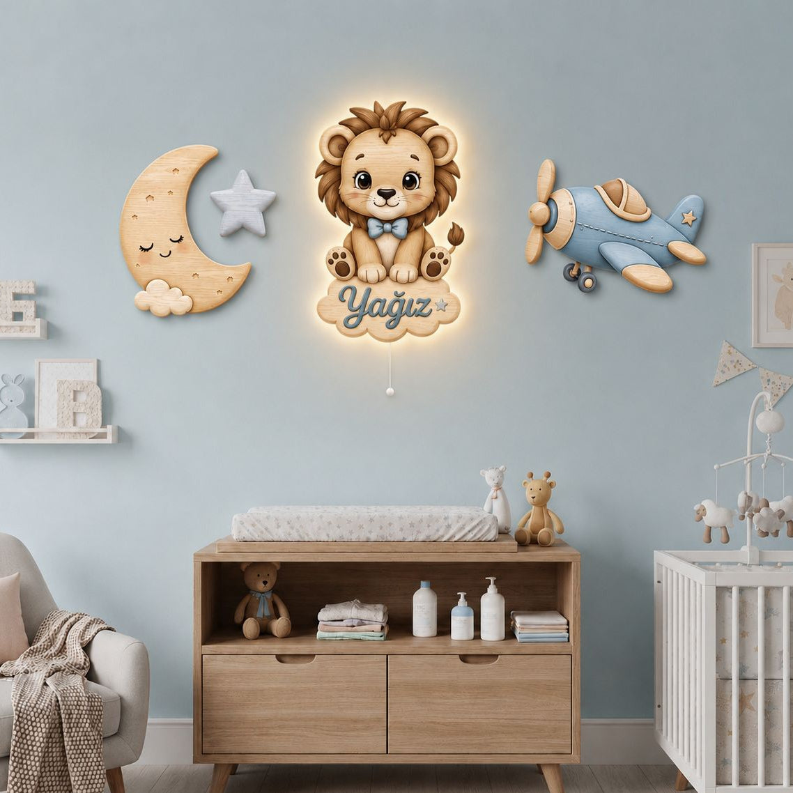 Kişiye Özel İsimli Aslan Ay Uçak Ay Yıldız 4lü Set  Led Işıklı Bebek Odası Ahşap Duvar Dekoru-İsim için Whatsapptan mesaj Atınız- - Gece Lambası