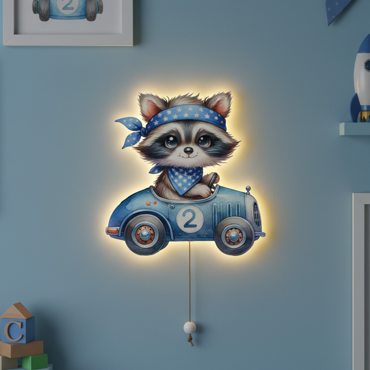 Yarışçı Rakun Led Işıklı Bebek Odası Ahşap Duvar Dekoru - Gece Lambası