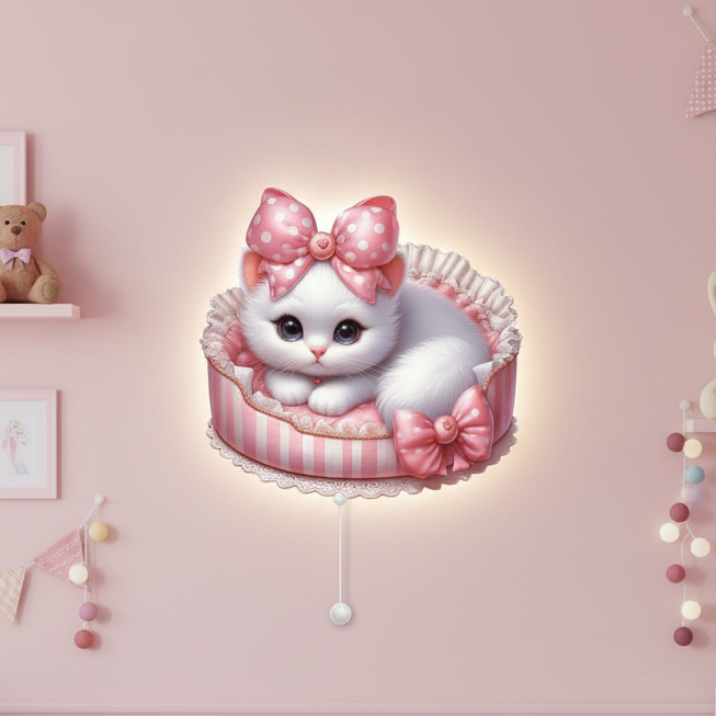Pembe Kurdeleli Kedi Led Işıklı Bebek Odası Ahşap Duvar Dekoru - Gece Lambası