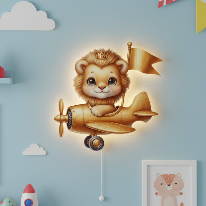 Uçan Altın Aslan Led Işıklı Bebek Odası Ahşap Duvar Dekoru - Gece Lambası