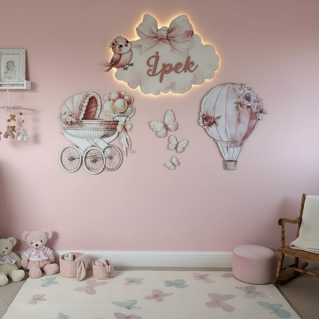 Kişiye Özel İsimli Bulut Balon Bebek Arabası 6lı Set, Kelebekler DAHİL, Led Işıklı Bebek Odası Ahşap Duvar Dekoru-İsim için Whatsapptan mesaj Atınız- - Gece Lambası