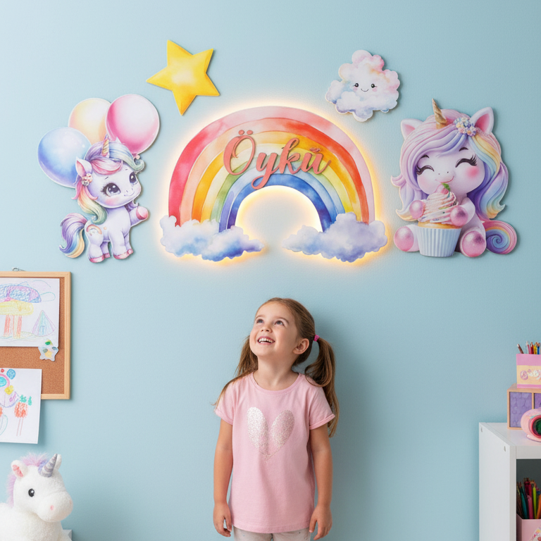 Kişiye Özel İsimli Unicorn Gökkuşağı 5 Parça Set, Led Işıklı Bebek Odası Ahşap Duvar Dekoru-İsim için Whatsapptan mesaj Atınız- - Gece Lambası