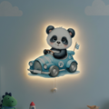 Yarışçı Panda Led Işıklı Bebek Odası Ahşap Duvar Dekoru - Gece Lambası