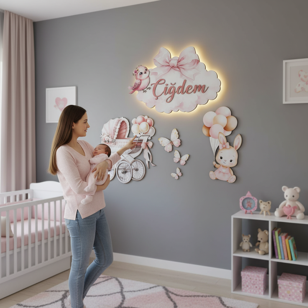 Kişiye Özel İsimli Tavşan Bebek Arabası 6lı Set, Kelebekler Dahil, Led Işıklı Bebek Odası Ahşap Duvar Dekoru-İsim için Whatsapptan mesaj Atınız- - Gece Lambası