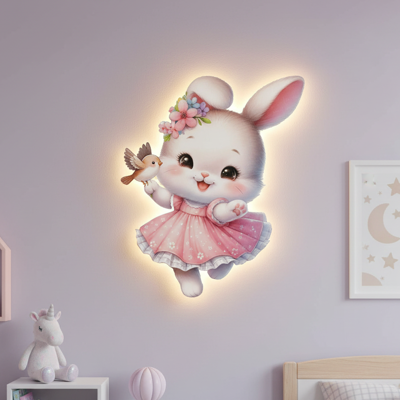 Neşeli Tavşan Led Işıklı Bebek Odası Ahşap Duvar Dekoru - Gece Lambası