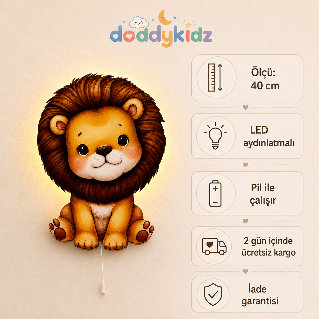 Aslan Gece Lambası - LED Işıklı Duvar Lambası, Pilli, 40 cm