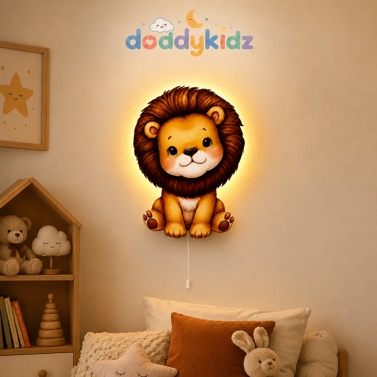 Aslan Gece Lambası - LED Işıklı Duvar Lambası, Pilli, 40 cm
