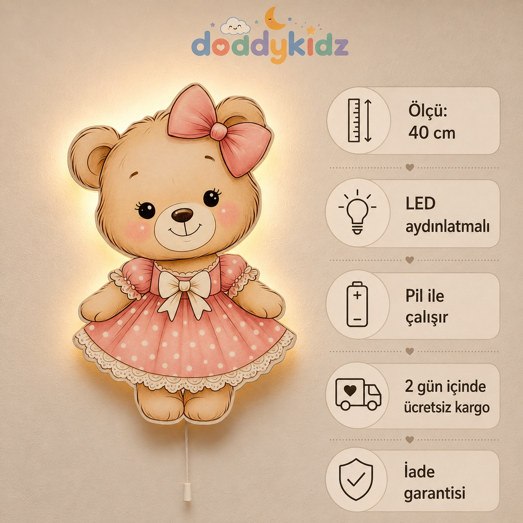 Ayıcık Gece Lambası - LED Işıklı Duvar Lambası, Pilli, 40 cm