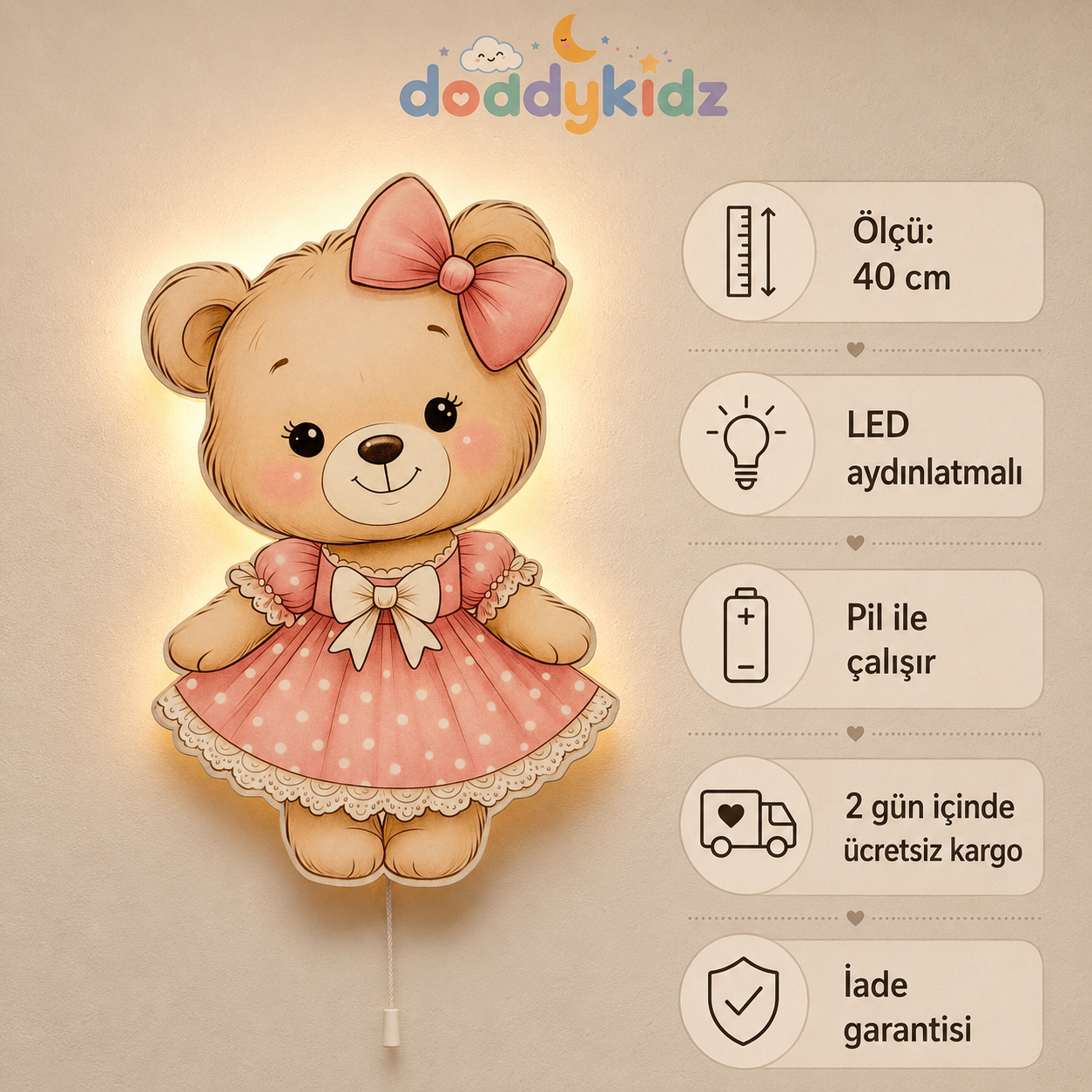 Ayıcık Gece Lambası - LED Işıklı Duvar Lambası, Pilli, 40 cm