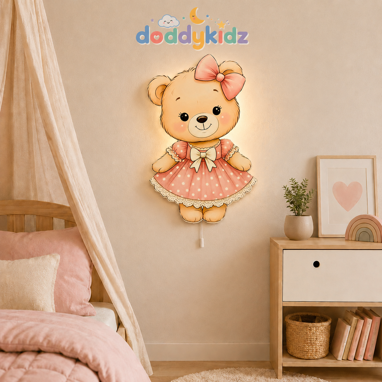 Ayıcık Gece Lambası - LED Işıklı Duvar Lambası, Pilli, 40 cm