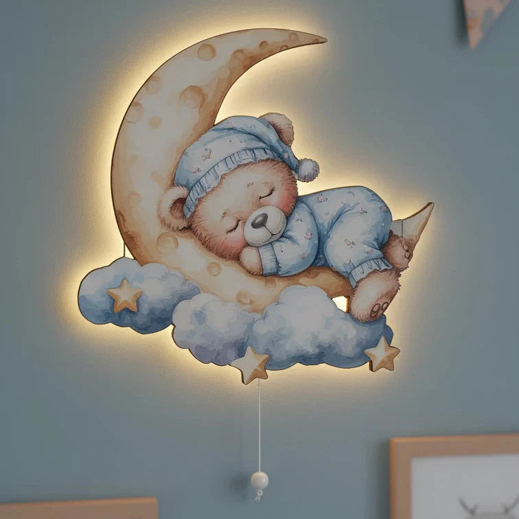 Uyuyan Ayıcık Pilli Led Işıklı Bebek Odası Ahşap Duvar Dekoru - Gece Lambası – kız çocuk elbisesi