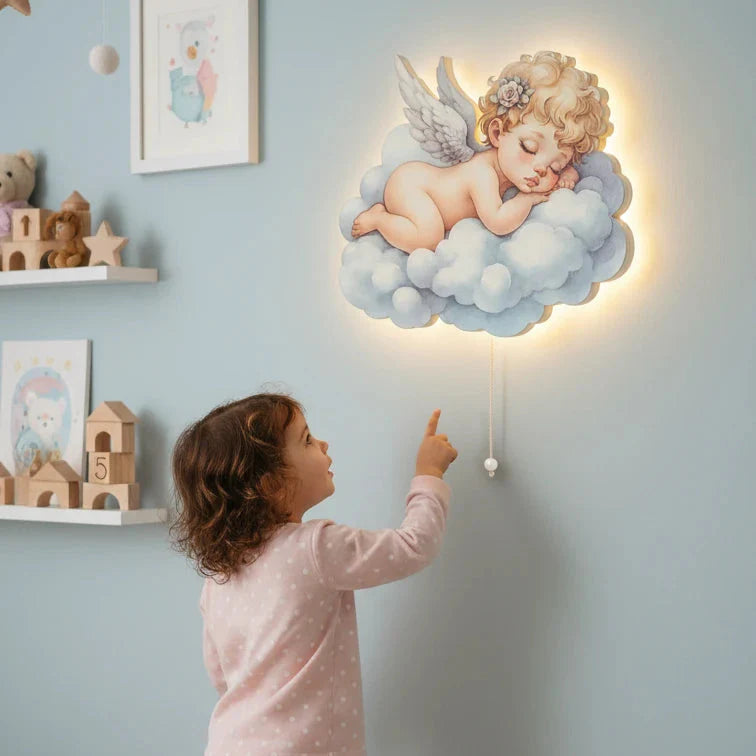Bebek Melek Pilli Led Işıklı Ahşap Duvar Dekoru – kız çocuk elbisesi