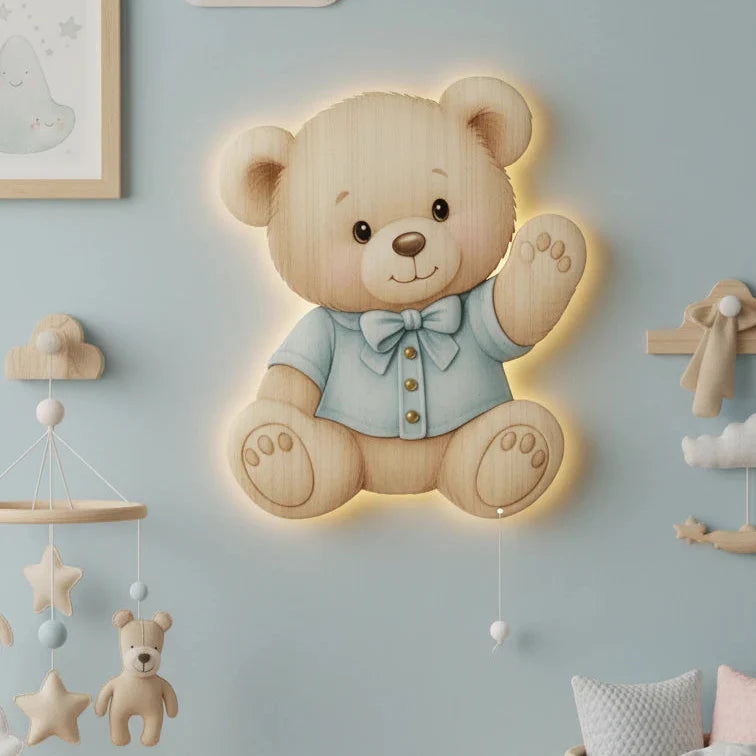 Ayıcık Tedy Bear Pilli Led Işıklı Bebek Odası Ahşap Duvar Dekoru - Gece Lambası – kız çocuk elbisesi