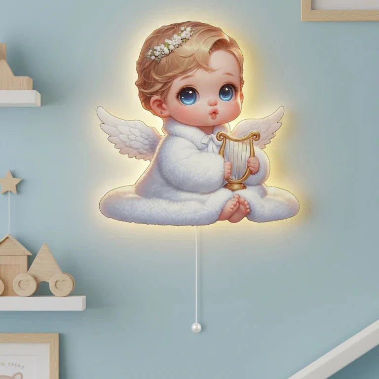 Bebek Melek Pilli Led Işıklı Bebek Odası Ahşap Duvar Dekoru - Gece Lambası – kız çocuk elbisesi