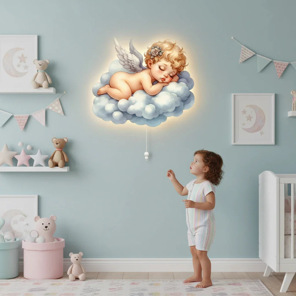 Bebek Melek Pilli Led Işıklı Ahşap Duvar Dekoru – kız çocuk elbisesi