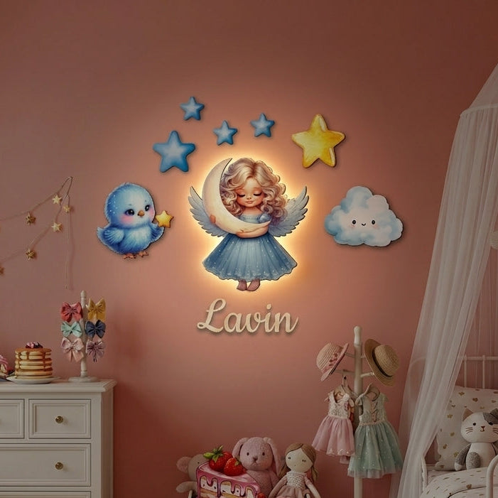 Kişiye Özel İsimli Melek Kuş 9 Parça Set - Led Işıklı Bebek Odası Ahşap Duvar Dekoru-İsim için Whatsapptan mesaj Atınız- - Gece Lambası