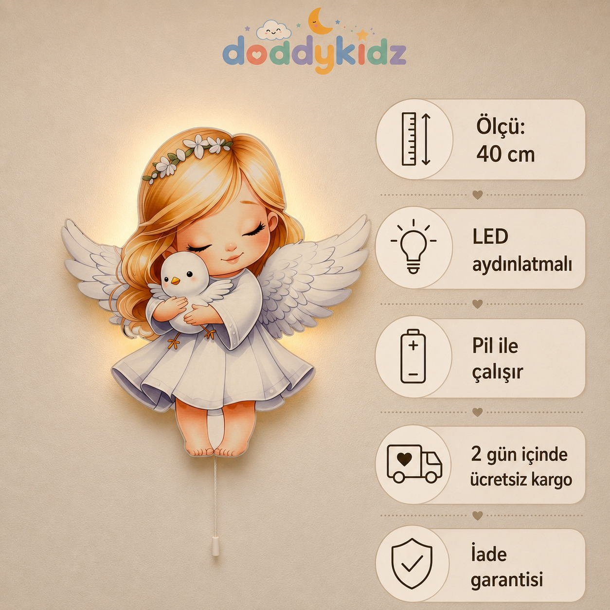 Melek Gece Lambası - LED Işıklı Duvar Lambası, Pilli, 40 cm