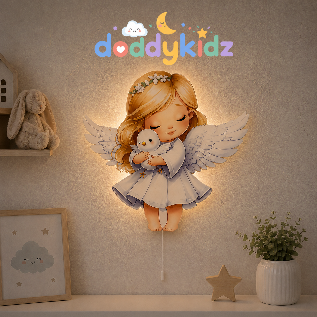 Melek Gece Lambası - LED Işıklı Duvar Lambası, Pilli, 40 cm