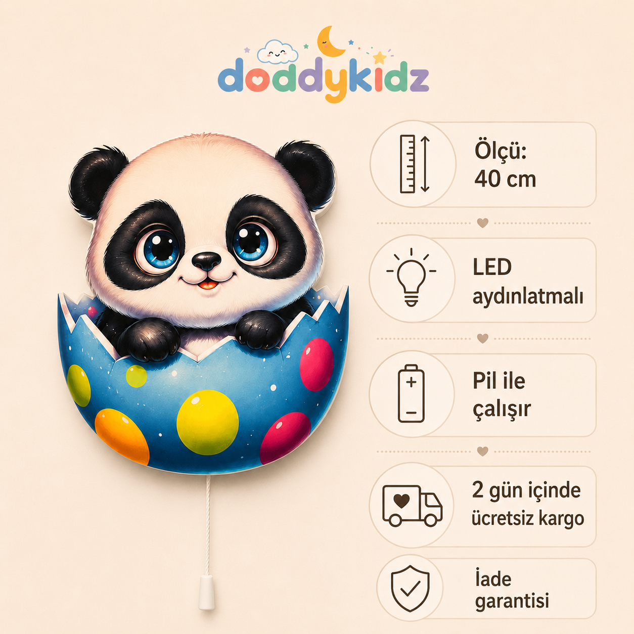 Panda Gece Lambası - LED Işıklı Duvar Lambası, Pilli, 40 cm