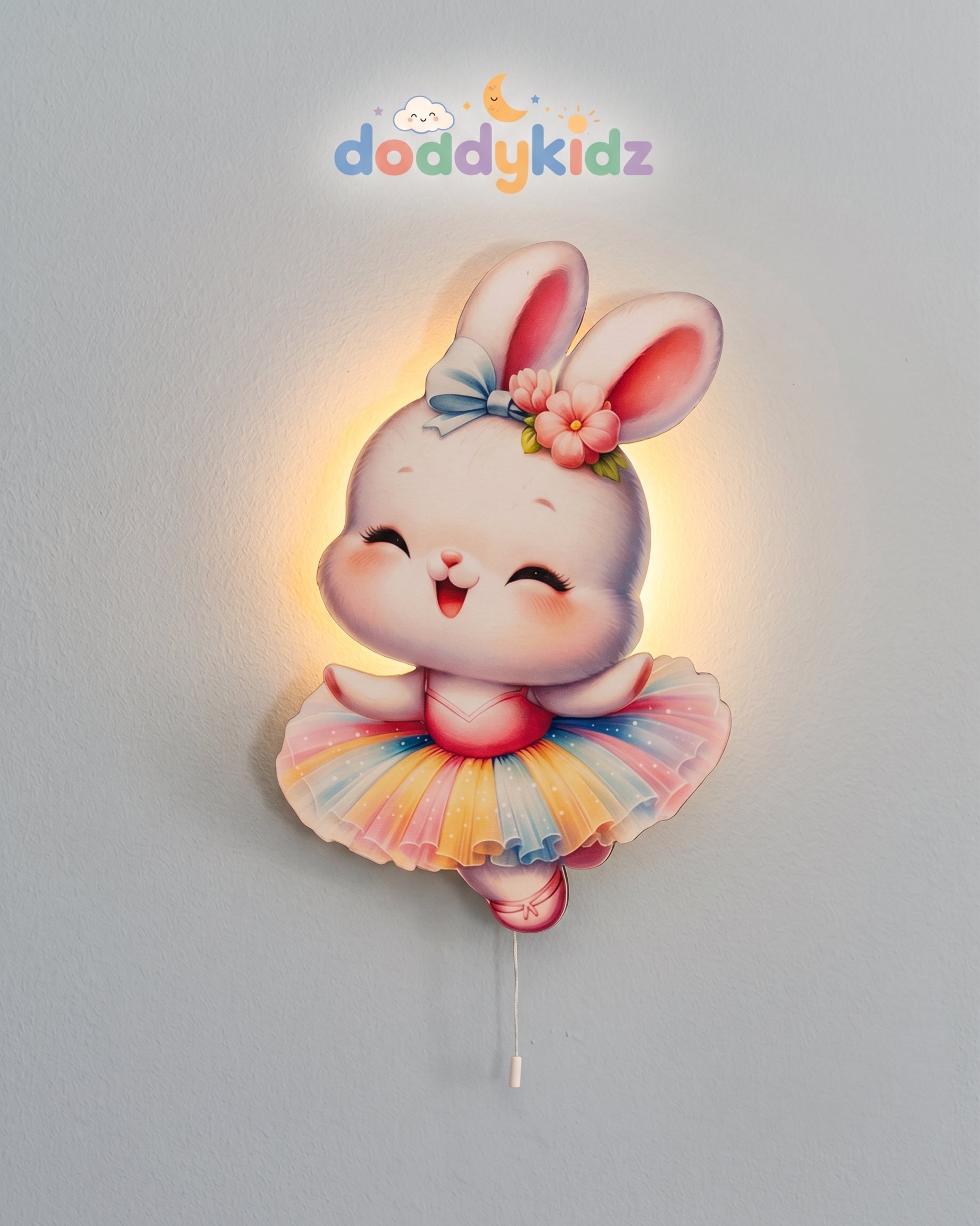 Sevimli Tavşan Gece Lambası - LED Işıklı Duvar Lambası, Pilli, 40 cm