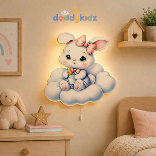 Bulutlu Tavşan Gece Lambası - LED Işıklı Duvar Lambası, Pilli, 40 cm