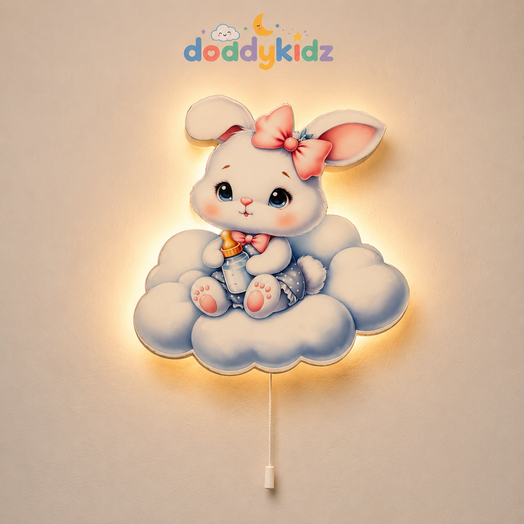 Bulutlu Tavşan Gece Lambası - LED Işıklı Duvar Lambası, Pilli, 40 cm