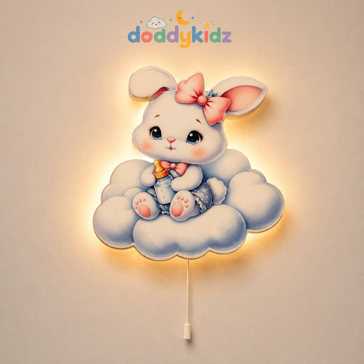 Bulutlu Tavşan Gece Lambası - LED Işıklı Duvar Lambası, Pilli, 40 cm