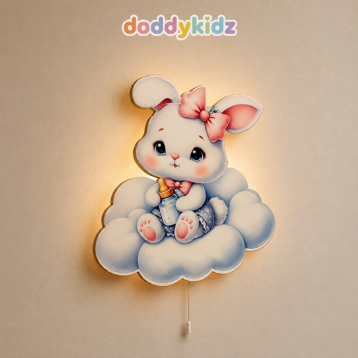 Bulutlu Tavşan Gece Lambası - LED Işıklı Duvar Lambası, Pilli, 40 cm