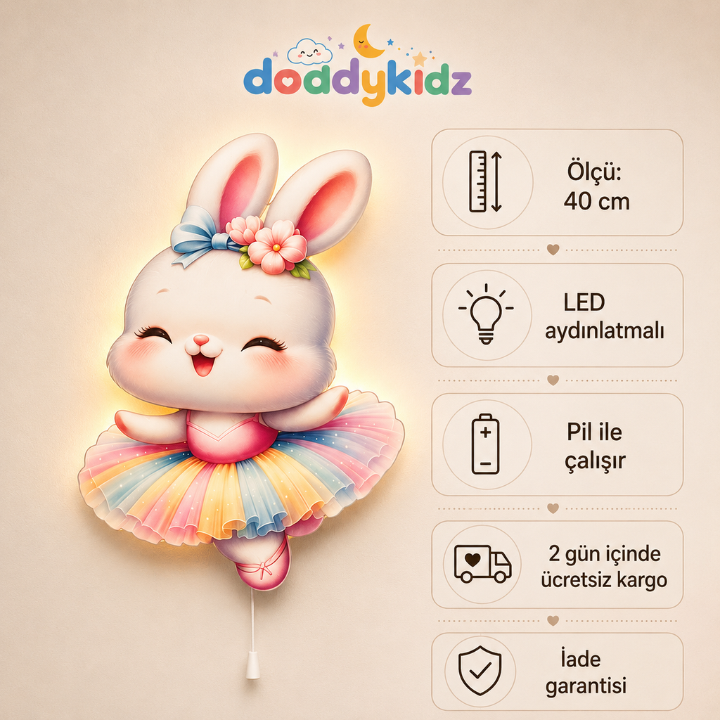 Sevimli Tavşan Gece Lambası - LED Işıklı Duvar Lambası, Pilli, 40 cm