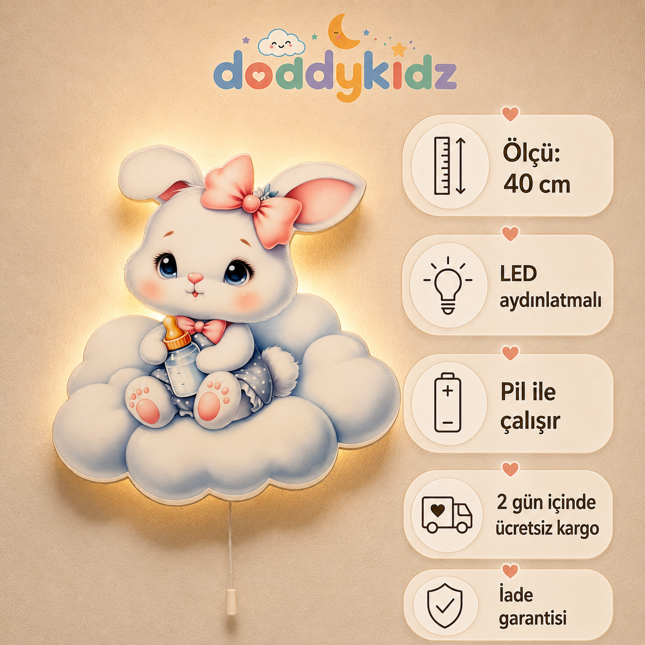 Bulutlu Tavşan Gece Lambası - LED Işıklı Duvar Lambası, Pilli, 40 cm